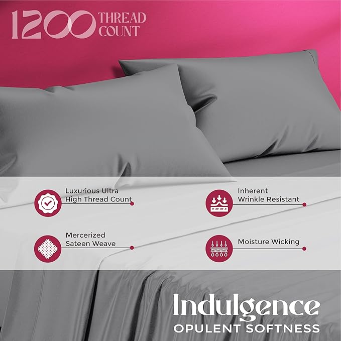 Mayfair Linen 100% Egyptian Cotton Queen Sheet Set - Luxury 1200 High Thread Count Egyptian Cotton Sheets Queen Size (4 PC, Dark Grey), Silky Soft, Cooling, 17" Deep Pocket Sateen Weave Hotel Bedding