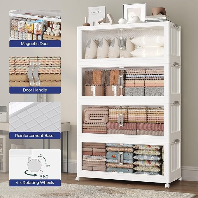 800QT Plastic Stackable Storage Bins with Lid, 200GAL Extra Large Collapsible Box with Wheels Clear Door, Foldable Closet Organizer Container Cabinet Drawer for Home Kitchen，5Pack, White