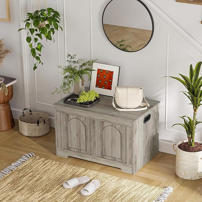 DINZI LVJ Storage Chest, 31.5”Wooden Toy Box with 2 Safety Hinges, Entryway Storage Bench with Flip-Top, Sturdy Storage Trunk for Living Room, Bedroom, Easy Assembly, Gray Wash