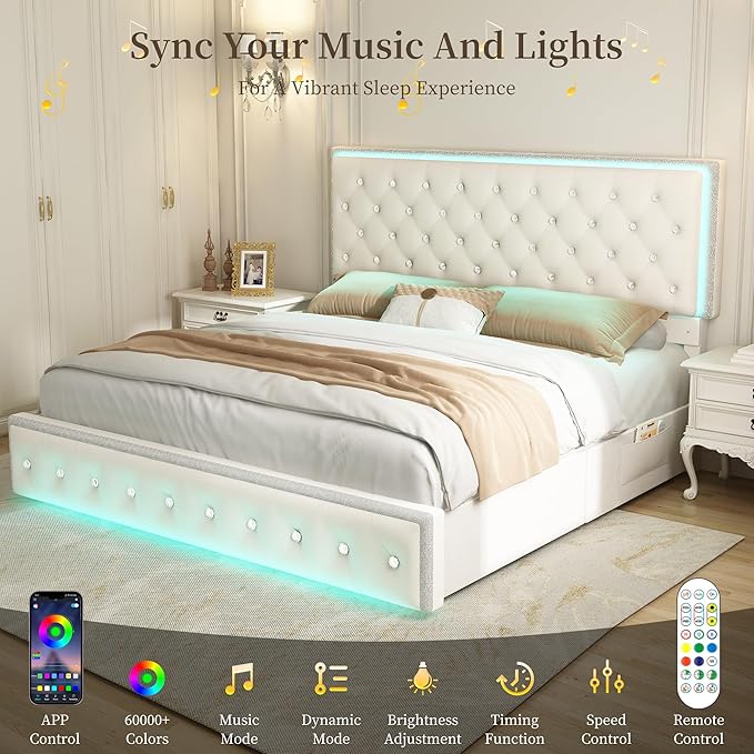 Full LED Bed Frame with 2 Drawers, Storage Platform Beds with Upholstered Crystal Button Tufted Headboard Footboard, 2 Side Pockets, No Box Spring Needed, Velvet Cream