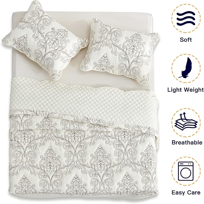 CHIXIN Oversized Bedspread Coverlet Set King Size - Lightweight Bedding Cover - Beautiful Stitching - 5 Piece Reversible Bedspread - Luxury Damask Paisley Pattern (King, Ivory)