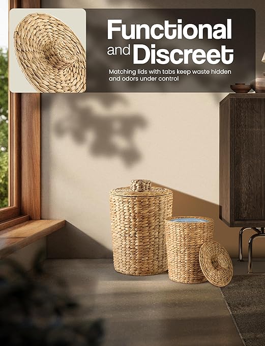 Set of 2 Wicker Trash Can with Lid - Water Hyacinth Wicker Waste Basket for Bathroom - Bathroom Garbage Can with a Lid - 2 Gallon & 4 Gallon Decorative Rattan Trash Can with Removable Liner