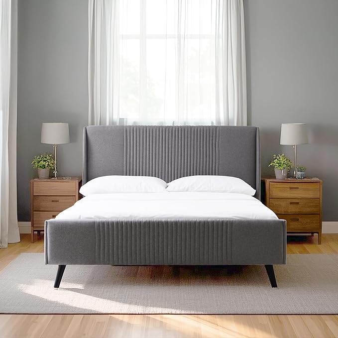 Livinia Sunset Queen Size Wingback Platform Bed, Fabric Upholstered Queen Bed Frame with Vertical Channel Tufted Headboard Footboard, Strong Wood Slats, No Box Spring Needed, Gray (Queen)