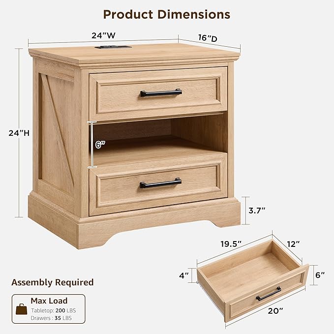 ACCOHOHO 24" Farmhouse Nightstand with Charging Station, 2 Drawers Large Bedside Table with Open Shelf, Rustic End Table for Bedroom - Natural Oak