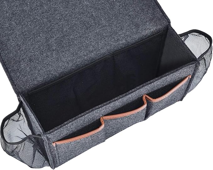 Bedside Caddy, Large Size Storage Organizer with 8 Pockets - Holds Magazines, Remotes, Phone (13.4'' x 18.1'', Dark Grey)