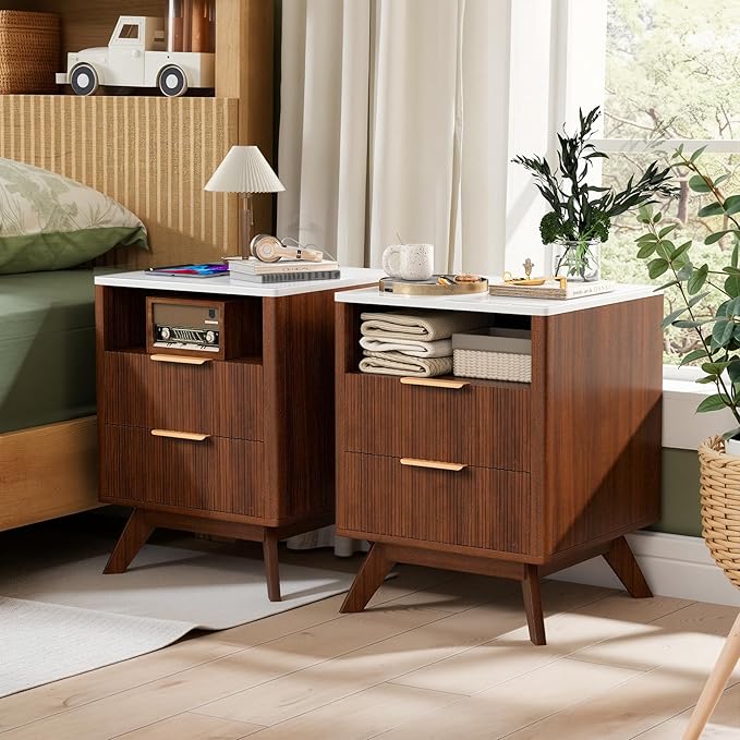 Modern Nightstand Set of 2, Side Table with Charging Station,Bedside Tables with Drawer, Mid-Century End Tables for Bedroom, Sturdy Storage Side Tables,Walnut