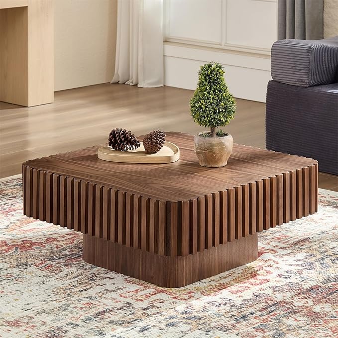 LKTART Square Coffee Table for Living Room, Accent Fluted Coffee Table with Storage, Modern Solid Wood Veneered Large Center Tea Table for Small Space Apartment (35.4''D×16''H-Walnut)