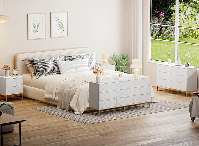 Anbuy 3 Pieces Bedroom Sets 6 Drawer Dresser and Nightstand Sets for Bedroom, Night Stand Set of 2 & 6 Drawer Dresser with Gold Handles, Morden Wood Chest of Drawers Storage Cabinet Set, White