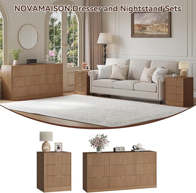 Fluted Dresser & 3 Drawer Nightstand Set 3-Piece, 63” Long 9 Drawer Dresser and Night Stand Set of 2, Fluted Modern Wood Chest of Drawers Storage Dressers Set for Bedroom, Natural Wood