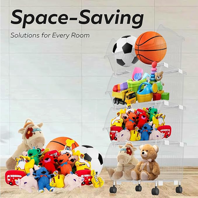 TidyFriend Large Stackable Storage Bins for Closet Organizers and Storage with Wheels 8 Pack, Closet Organization for Kids Room and Home Organization (Clear)
