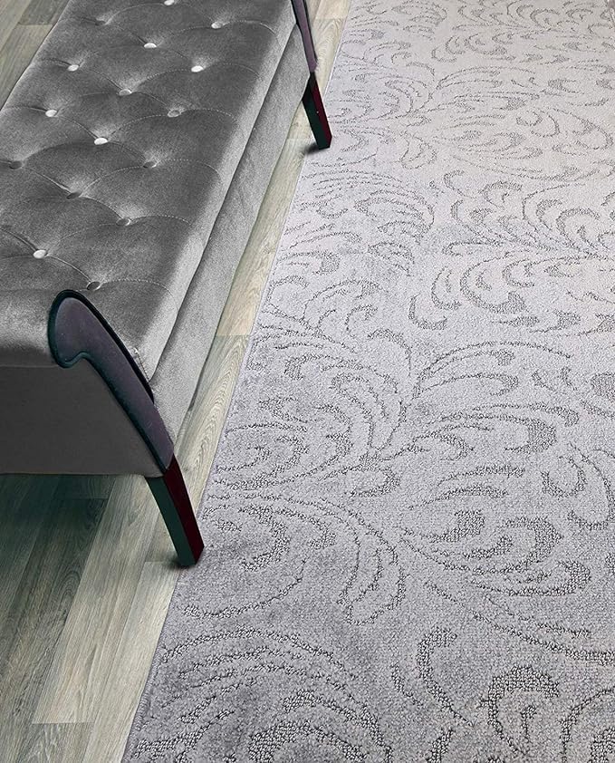 Custom Length Hallway Runner Rug,Slip Resistant,Floral Grey, 26 Inch X 8 feet, Sold and Priced Per Foot