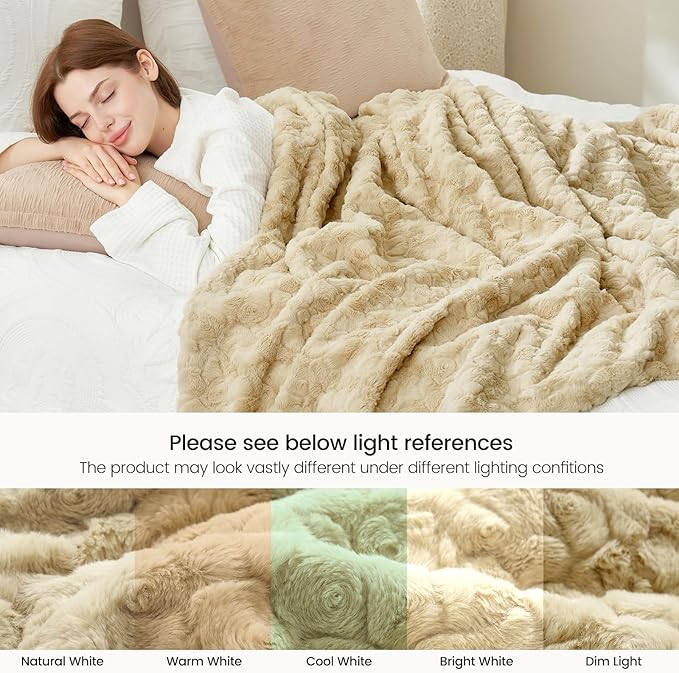 Cozy Bliss Faux Fur Throw Blanket for Couch, Fuzzy Soft Plush Thick Warm Fluffy Reversible Wave Textured Blanket for Sofa Bedroom Living Room, 55 * 70 Inches Khaki