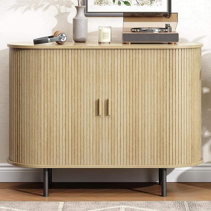 Buffet Cabinet with Storage, Fluted Sideboard Buffet with Sliding Door, Coffee Bar Cabinet with Adjustable Shelf, Console Table, Accent Table for Entryway, Kitchen (Oak, 40 Inch)