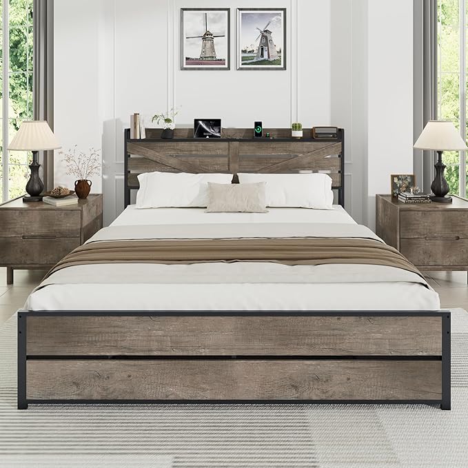King Size Wooden Bed Frame with 12 Storage Drawers and Headboard, Farmhouse Platform Bed Frame with Charging Station, No Box Spring Needed, Stable and Solid, Noise Free. (Oak, King)