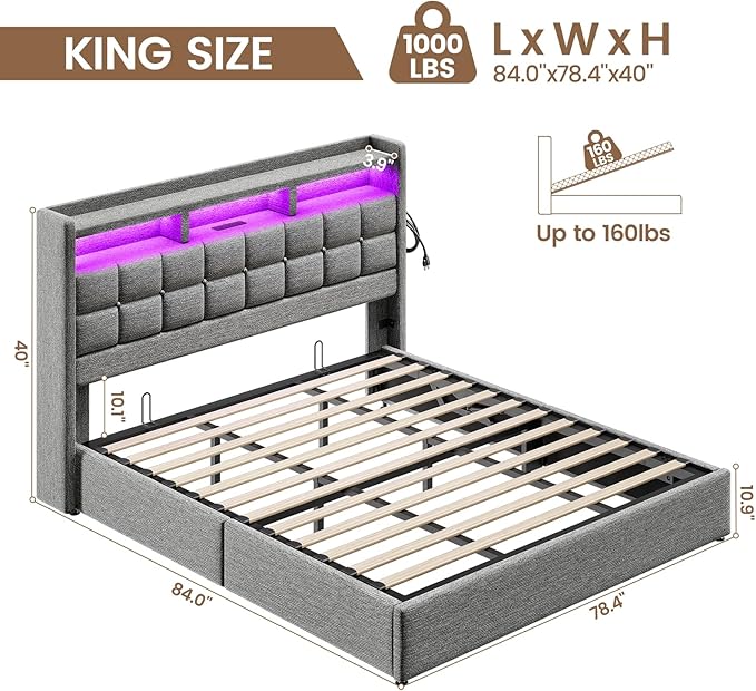 Lift Up King Size Bed Frame with Storage, Upholstered King Bed Frame with Charging Station and LED Lights Headboard, No Box Spring Needed, Easy Assembly - Light Grey