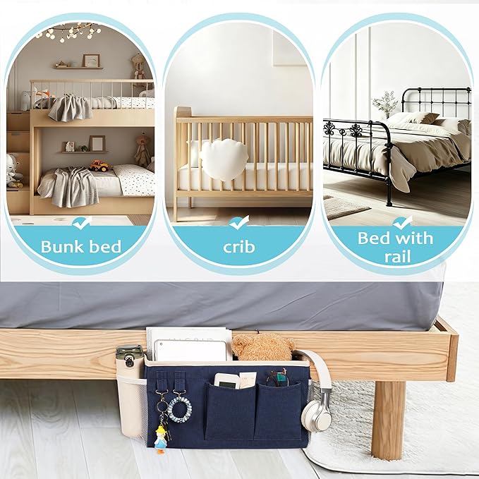 Loghot Bedside Caddy/Bedside Storage Bag Hanging Organizer for Bunk and Hospital Beds,Dorm Rooms Bed Rails,Can be Placed Glasses,Books,Mobile Phones,Keys (Navy Blue)