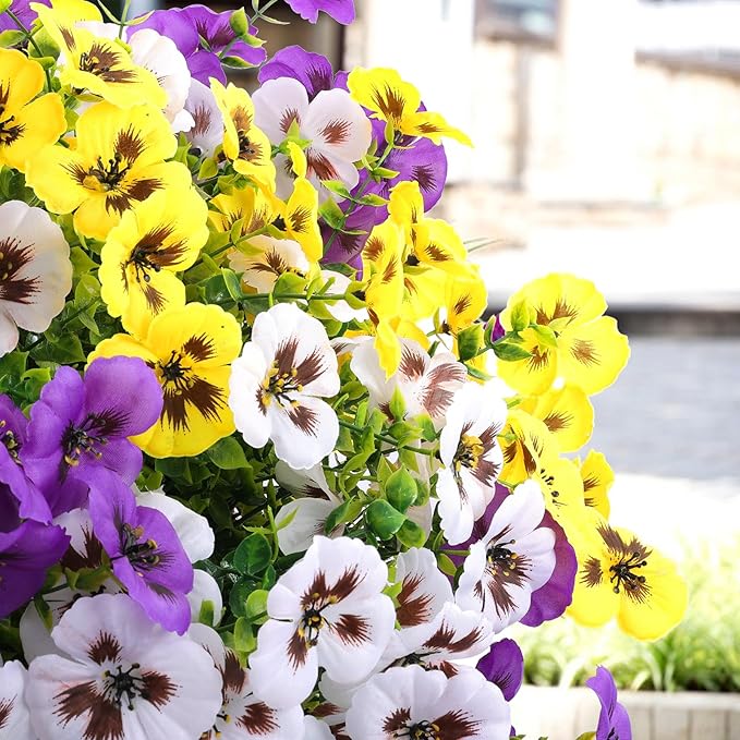 18 Pcs Artificial Fake Pansy Flowers for Outdoor, Faux Silk Pansies Spring Flowers for Outside for Planter Front Door Porch Yard Patio Window Box Home Decor (18, Purple, Yellow, White)