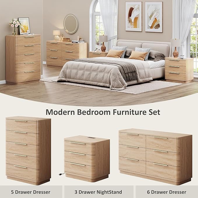 5 Drawer Dresser for Bedroom, 45" Tall Modern Chest of Drawers with Metal Handle, Curved Profile Design, Wooden Closet with Large Drawers Dressers Organizer for Entryway Hallway