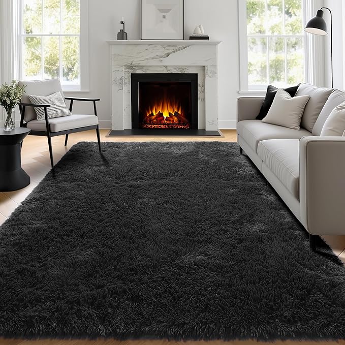 PAGISOFE Fluffy Shaggy Black Area Rug 8x10 Feet, Plush Rugs for Living Room Bedroom, Soft Rug for Nursery, Furry Rugs for Girls Boys Kids Room, Extra Large Fuzzy Rug, Shag Carpet, Black