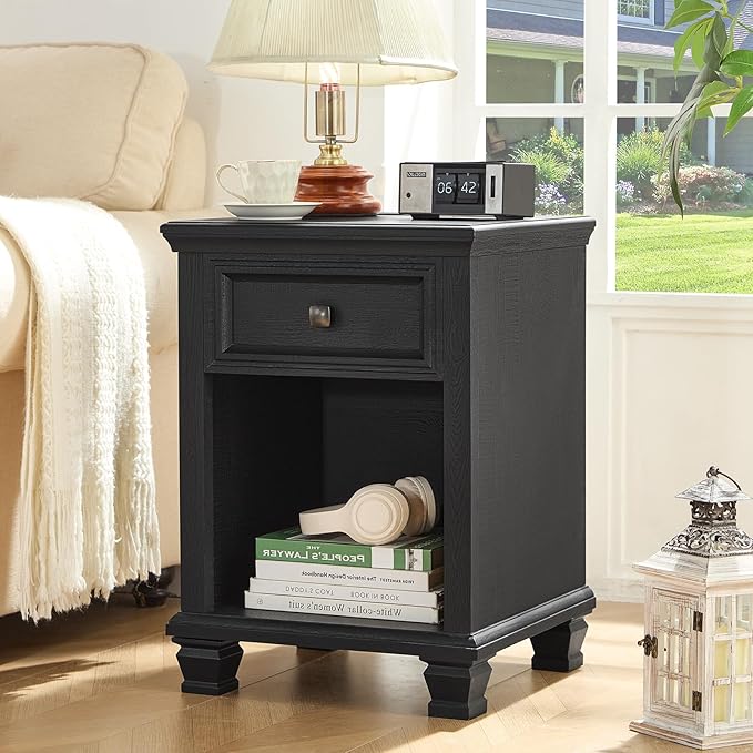 SAVOR LIFE Farmhouse End Tables Living Room with Drawer, Rustic Wood Nightstand with Charging Station, Bedside Table with Open Shelf for Bed Room, Living Room, Black