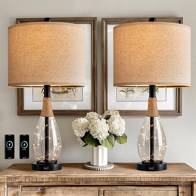 OYEARS 23" Table Lamps for Living Room Set of 2 Bedside Lamps for Night Stands Bedroom Lamps Farmhouse Rattan Boho Lamp Glass Nightlight End Table Lamp with USB C+A (Black),Two Light Points