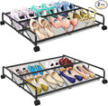 Under Bed Shoe Storage Organizer, 2 Pack Metal Mesh Under Bed Storage Containers with Wheels, Shoe Organizer Drawer Space Saving for Bedroom