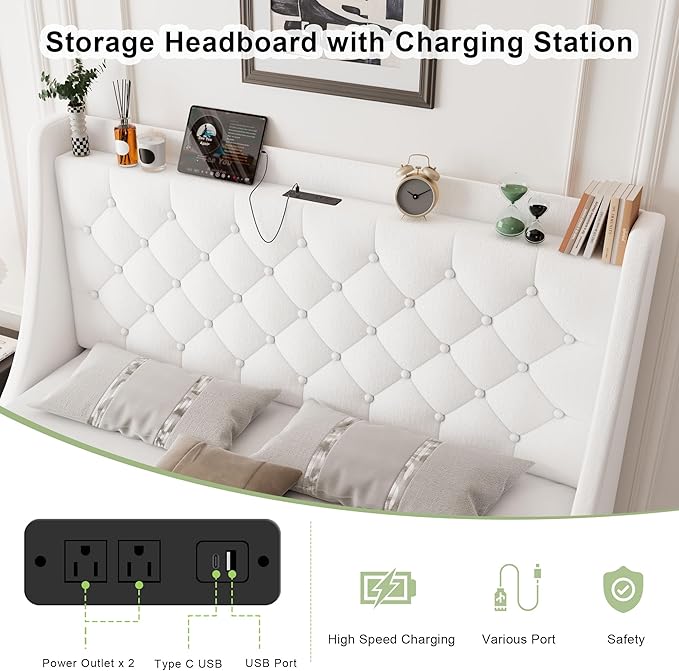 Feonase Upholstered Full Size Bed Frame with 4 Storage Drawers, Charging Station, Tufted Wingback Storage Headboard, No Box Spring Needed, Easy Assembly, White