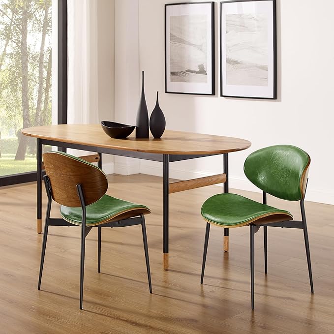 Art Leon Dining Chairs Set of 4, Walnut Bentwood, Mid Century Modern Chair, Green Faux Leather Kitchen Dining Room Chairs with Black Metal Legs, Accent Chairs for Bedroom