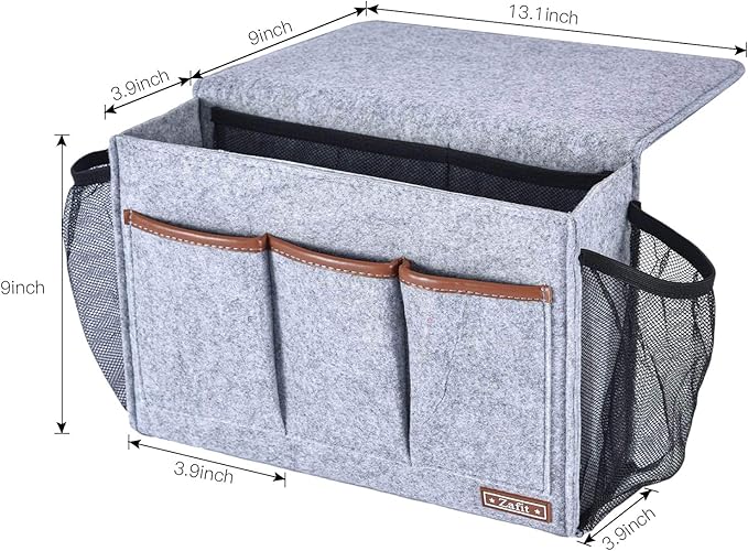 Bedside Caddy, Large Size Storage Organizer with 8 Pockets - Perfect for Magazine, Remotes, Phone (13.4'' x 18.1'', Light Grey)