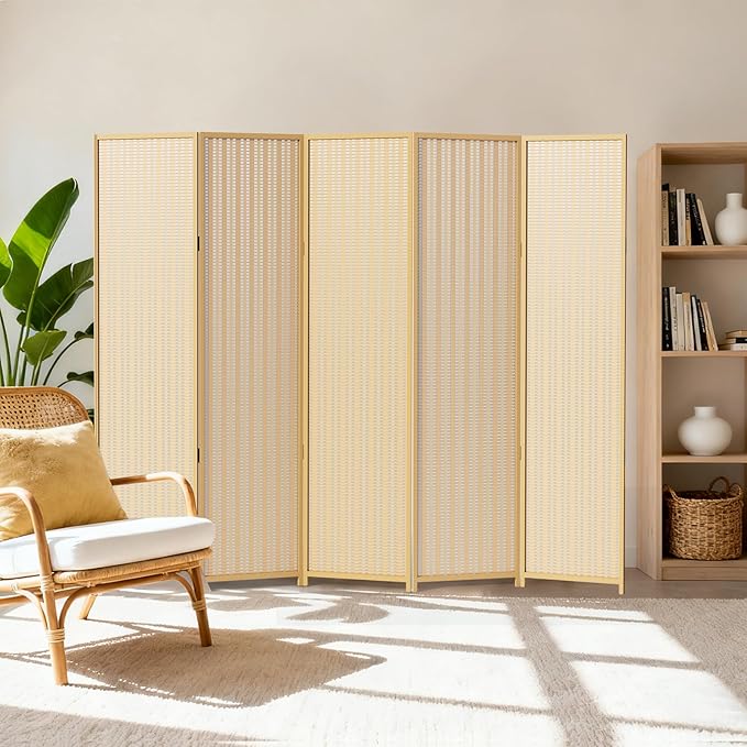 5 Panel Room Divider and Extra Wide Folding Privacy Screen, 79" W x 67" H, Bamboo Room Divider for Room Separation.