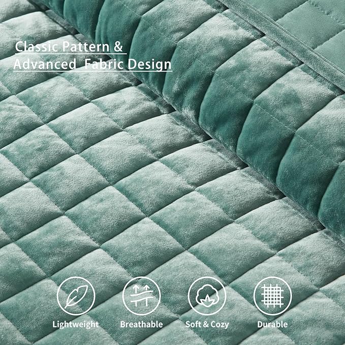 LEAONME Velvet Quilt California King-118''x106'', Lightweight Aqua Green Velvet Comforter Set with 2 Pillow Shams, Soft Oversized Bedspread Coverlet Quilted Bedding Set for All Season