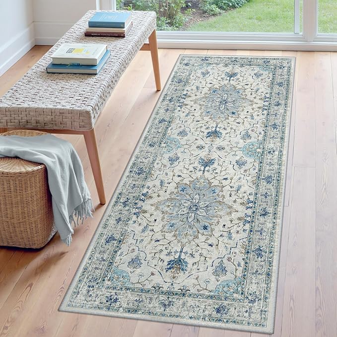 Area Rugs 3'x6' Washable Non-Slip, Floral Vintage Distress Print Pattern Medallion Carpet for Living Room Bedroom Dining Room, Light Blue Navy Beige Gray White