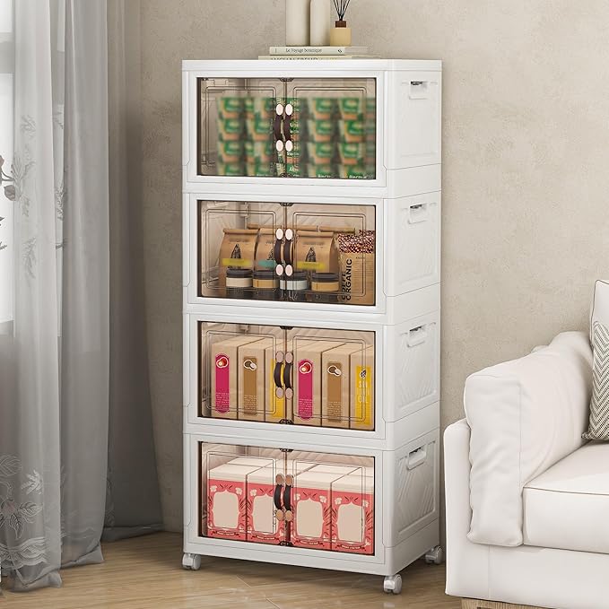 Storage Bins with Lids and Wheels, 180QT-45QT*4Tier Collapsible Bathroom Storage Cabinet with Clear Doors, Plastic Stackable Closet Organizers and Containers White
