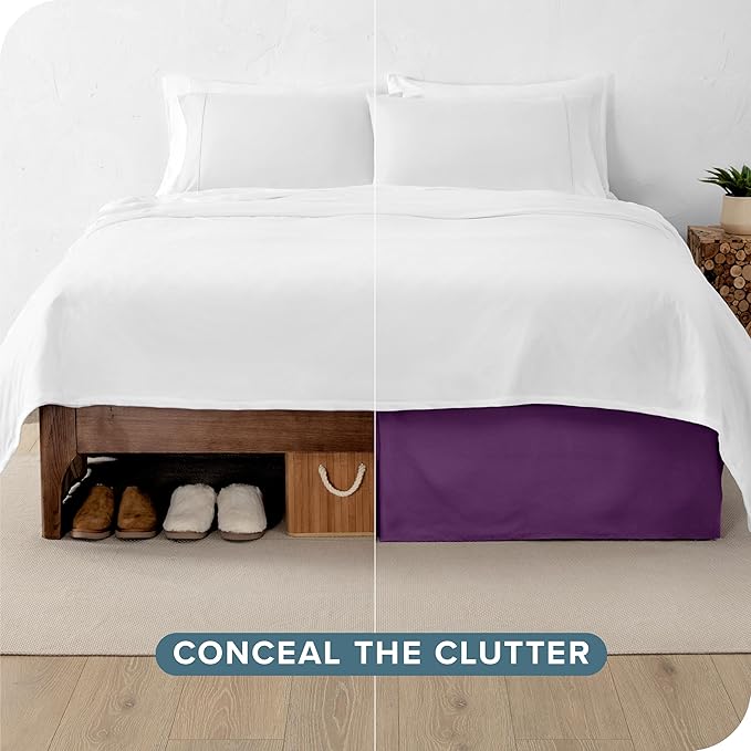Bare Home Queen Bed Skirt - 15-Inch Tailored Drop Easy Fit - Bed Skirt for Beds - Center & Corner Pleats (Queen, Plum)