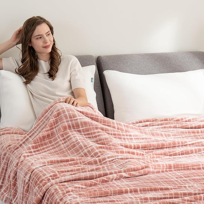 Berkshire Blanket-Classic Heavyweight Soft Printed VelvetLoft® Plush Blanket, Full/Queen Size Soft Fuzzy Warm Blanket for Couch Sofa Bed, Watercolor Plaid Blush, 90in x 90in