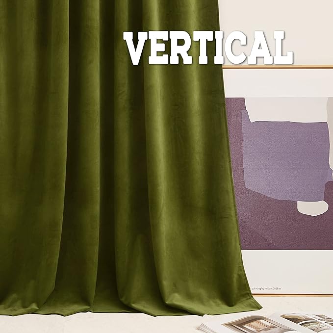 RYB HOME Velvet Curtains 90 inches Length, Back Tab & Rod Pocket Soft Fabric Curtains & Drapes for Bedroom Room Divider, Moss Green, W 62 x L 90, 2 Panels Set