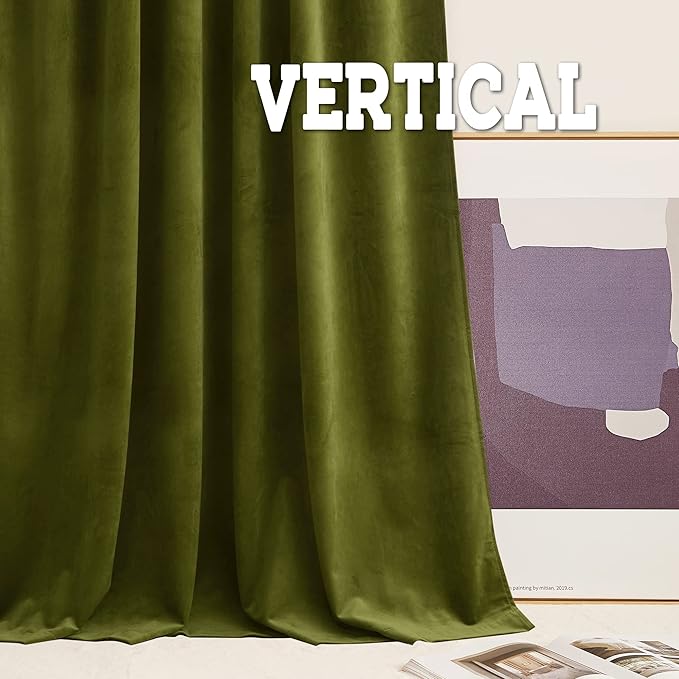 RYB HOME Moss Green Green Velvet Curtains 72 inches Length - Blackout Thermal Insulated Drapes Window Treatment Luxury Solid Decor for Kitchen Study Room, W52 x L72 inches, 2 Panels