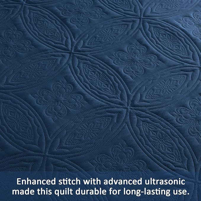 Yiran Navy Blue Quilt Set King Size Lightweight Bedspread Embossed Pattern Soft Microfiber Coverlet for All Season with 2 Pillow Shams (106"x96")