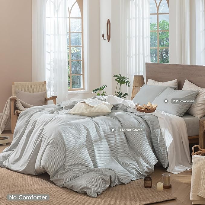 MooMee Striped Duvet Cover Set 100% Washed Cotton Linen Like Textured Breathable Durable Soft Comfy (Heathered Green Pinstripes, Oversized King Plus 128"x120")