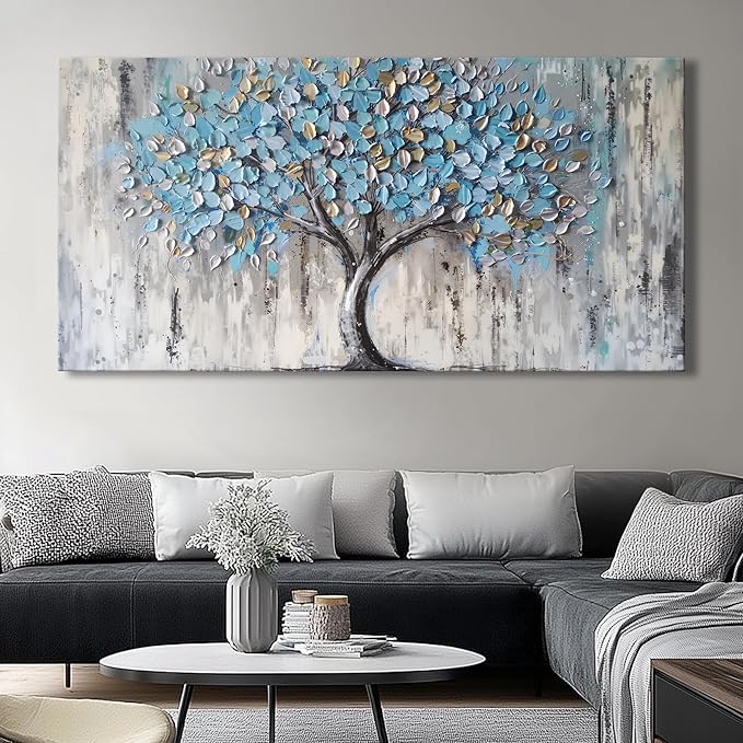 Blue Tree Canvas Wall Art - Modern Botanical Paintings for Living Room, Bedroom Wall Decor, Framed Wall Art for Home or Office Decoration, Large Wall Art 75x150cm(30x60in)