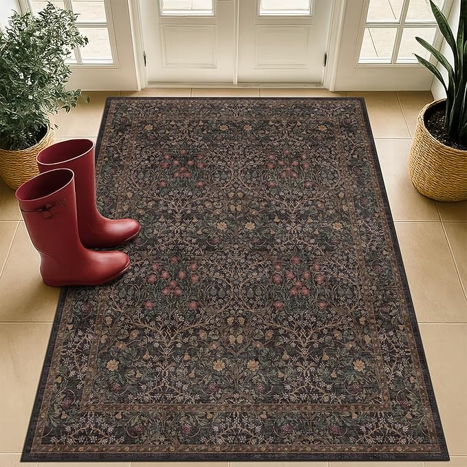 Boho Taupe Brown 3x5 Large Entryway Rug - Modern Vintage Golden Floral Oriental Neutral, Washable Low Pile Non-Slip Area Rugs for Door Mat Indoor Entrance, Kitchen, Laundry