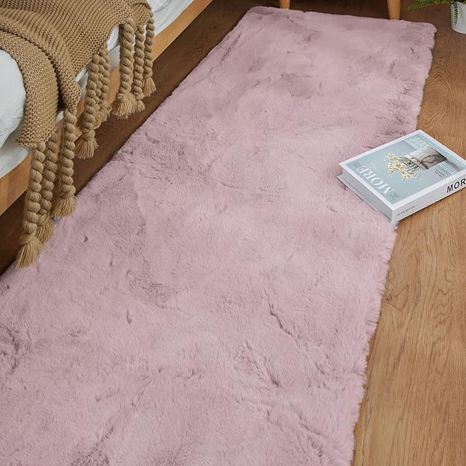 Pink Fluffy Washable Faux Rabbit Fuzzy Fur Area Rugs for Bedroom Large Furry Rugs for Living Room 2x10 Runner Nursery Rug Home Décor