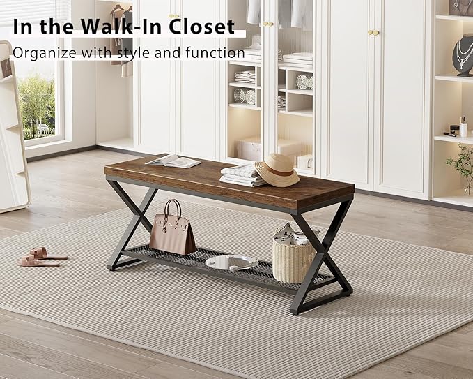 LVB Rustic Entryway Bench with Shoe Storage, Wooden and Metal Shoe Bench with Seating, Industrial Indoor Bench for Living Room Bedroom, Shoe Rack Bench for Foyer Hallway Entrance, Rustic Brown, 39 in