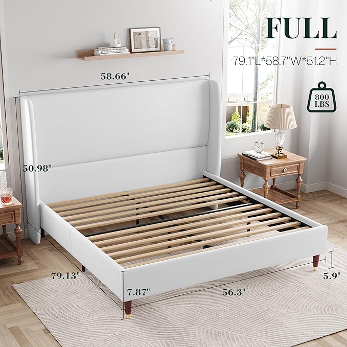 Jocisland Full Upholstered Platform Bed Frame with 51.2" Tall Wingback Headboard–Solid Wood Legs, No Box Spring Needed, White Linen–Modern Style for Any Bedroom