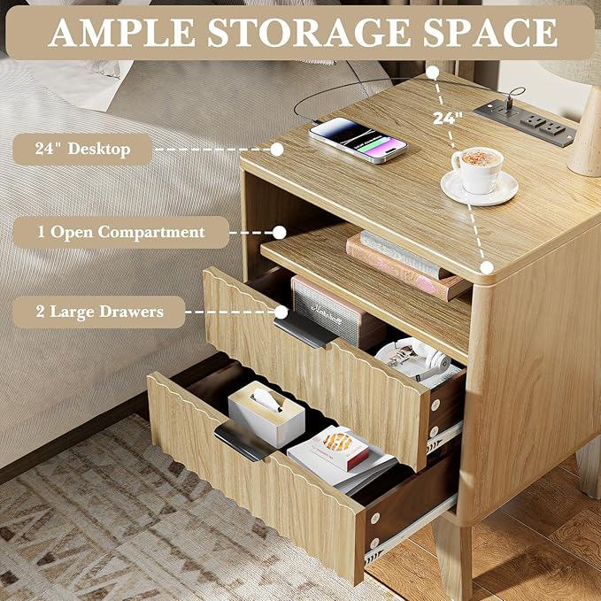 Nightstand with Charging Station, Modern Fluted 2 Drawer End Table with Storage Shelf, Natural Oak Bedside Table for Bedroom & Office