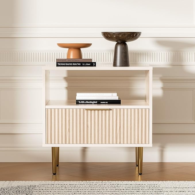 Nightstand with Drawer, End Table with Storage, Side Table with Open Space, Bed Side Table for Bedroom, Modern Nightstand with Golden Handle for Bedroom, Living Room, Oak