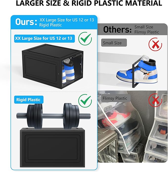 12 Pack Hard Sturdy Thickened Rigid XX Large Shoe Storage Organizer for Closet, Clear Stackable Sneaker Shoe Boxes Rack Containers Display Case Bins with Lids, Black03