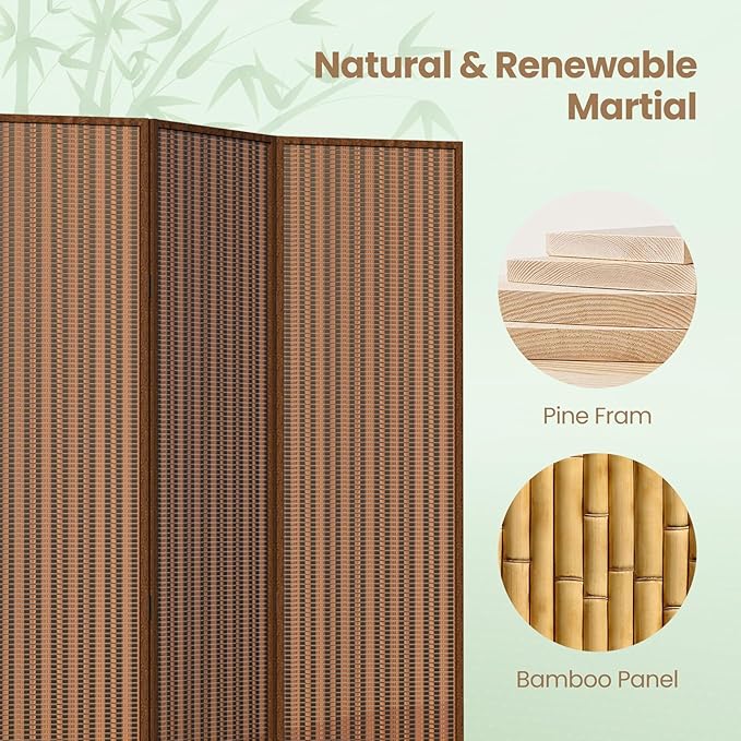 5 Panel Room Divider and Extra Wide Folding Privacy Screen, 79" W x 67" H, Bamboo Room Divider for Room Separation.