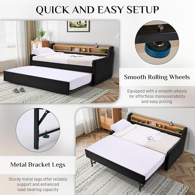 Twin Size Daybed with Pop Up Trundle Bed, Linen Fabric Upholstered Day Bed Frame with w/LED/USB/Type C/Storage Headboard, Twin to King Daybed for Living Room Bedroom, No Box Spring Needed, Black