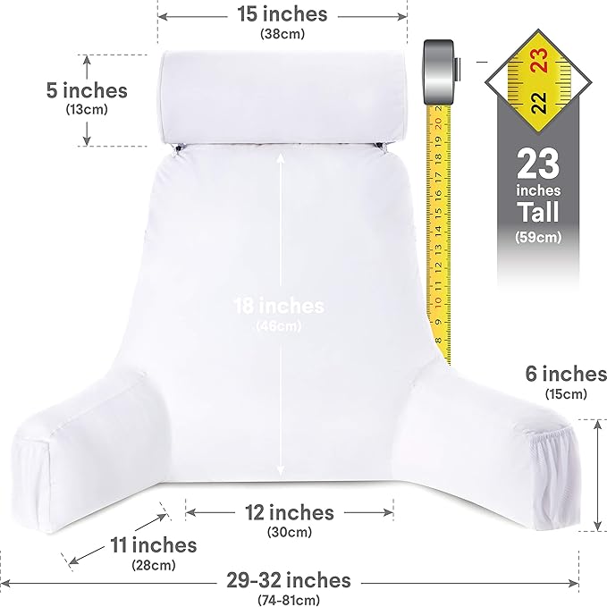 Husband Pillow Medium Aspen Edition White Dandelion, Sit Up Reading & Bed Rest with Arms, Ultra-Comfy, Detach Neck Roll - Premium Shredded Memory Foam Backrest, Reverses to Micro: Suede or Plush